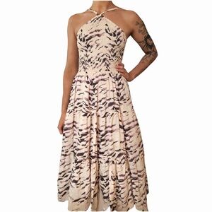 Lusana Anthropologie Arlen Animal Print Midi Dress Fit Flare Halter XS